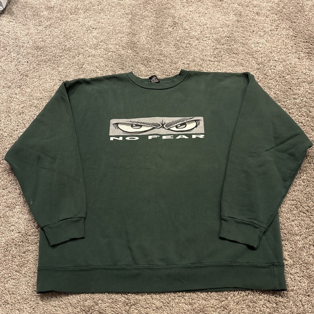 Vintage 90s No Fear Eyes Embroidered Logo Back Hit Crewneck Sweatshirt XL Green